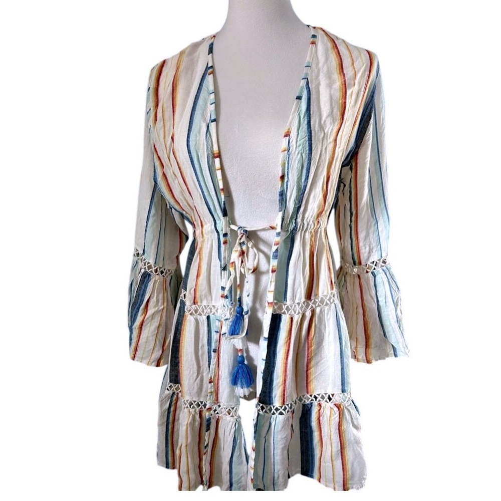 Blue Island Striped Tie Front Swim Cover Up Kimono Bell Sleeve White Multi Small